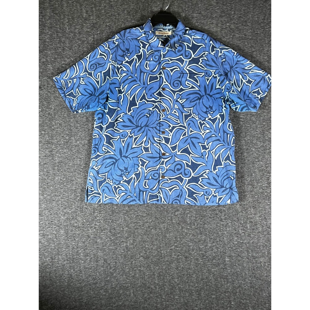 Tommy Bahama Mens XL Blue Tropical Floral 100% Silk Short Sleeve Button Up Shirt